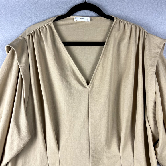 Mango Smock Mini Dress Women Large Tan V Neck Boho Relaxed Peasant Cottagagecore - Picture 4 of 14